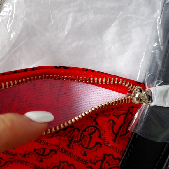 Roberto Cavalli Nylon Red/Black Logo Pattern Folding Medium Shopper Tote Bag - Picture 7 of 7